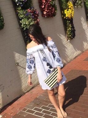 MISA Los Angeles White Off-Shoulder Embroidered Strapless Dress with Blue Floral
